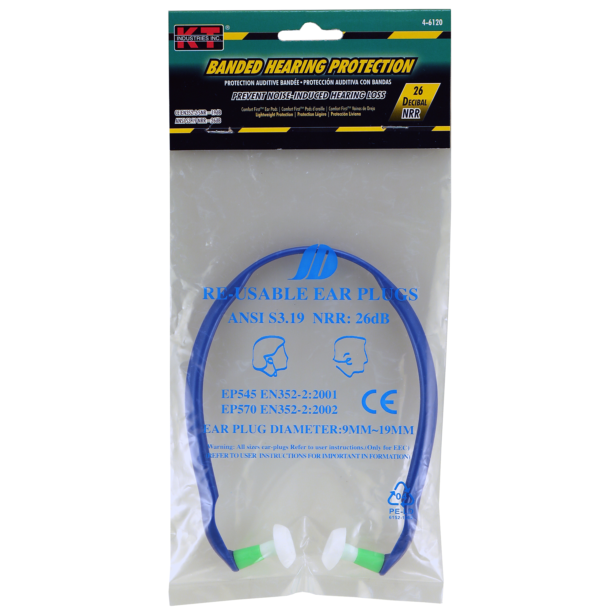 K-T Industries Banded Ear Plug Set — Reusable, 26dB NRR, Model# 4-6120